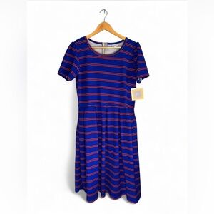 LuLaRoe Amelia Blue Dress with Red Stripes — Midi Fit XL